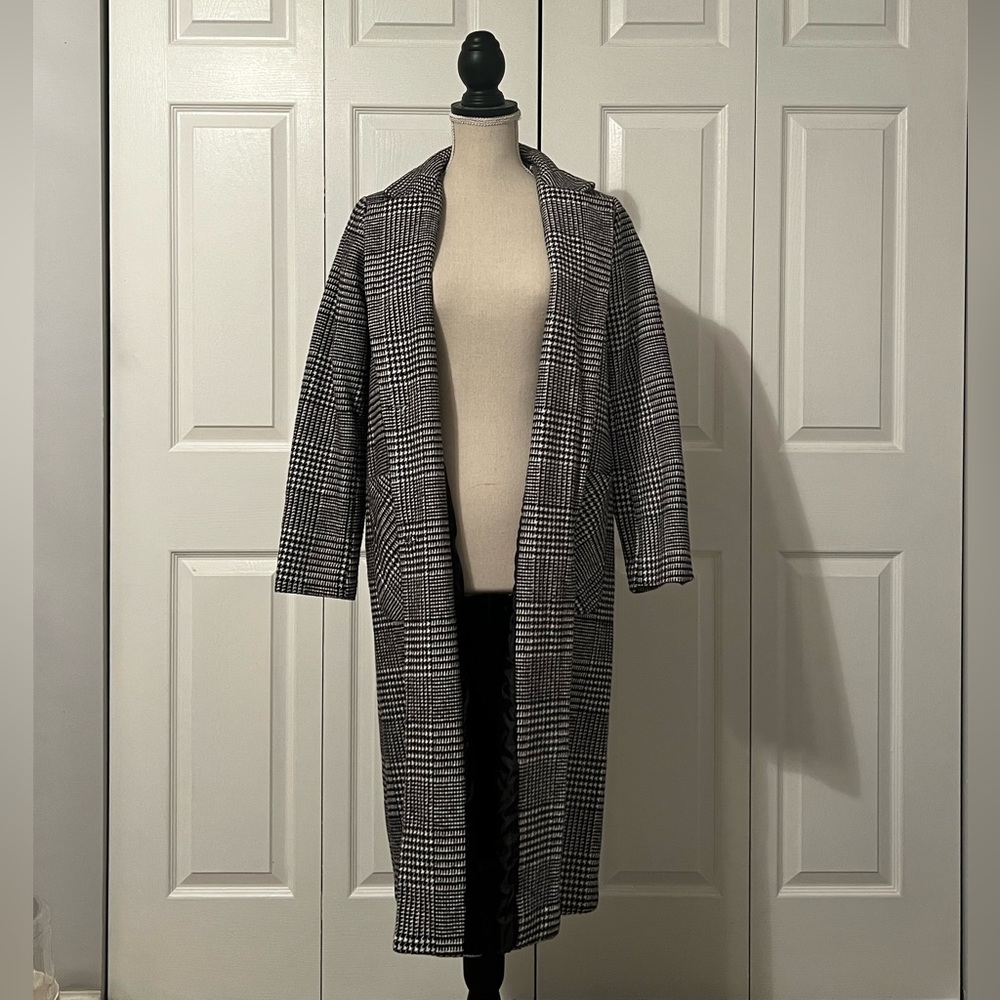 Boohoo Black and White Checkered Trench Coat